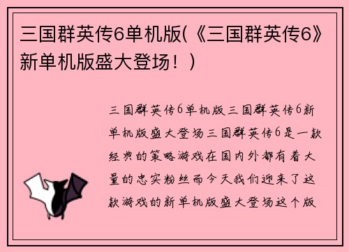 三国群英传6单机版(《三国群英传6》新单机版盛大登场！)